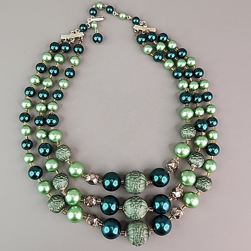 Vintage Beaded Necklace Green Triple Layered Acrylic Japan Choker 16" gallery