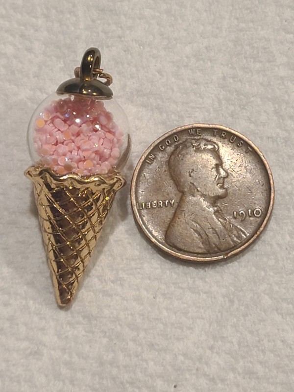 Vintage Glass & Goldtone Metal, Pink Ice Cream Charm! Really Unique!