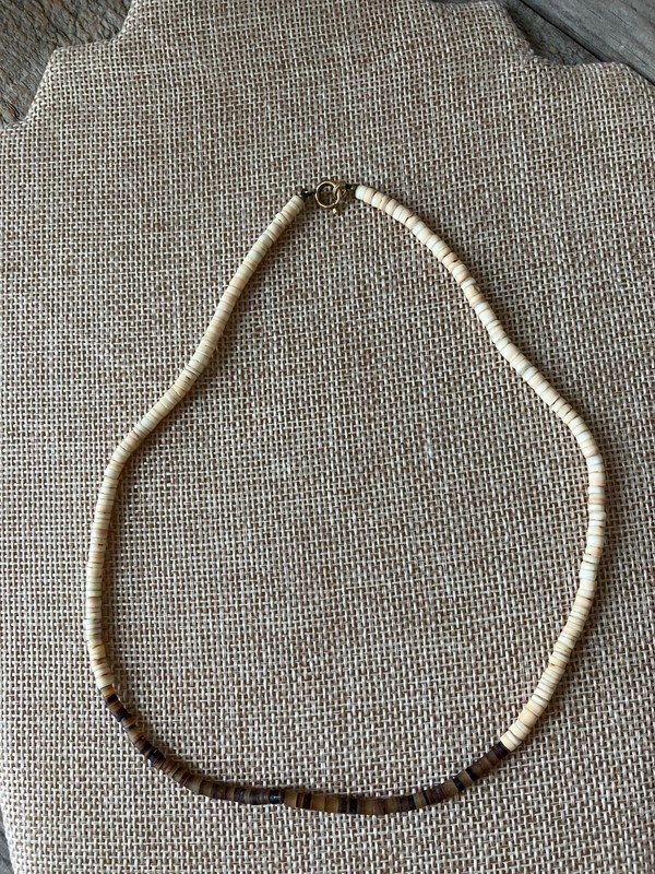 Vtg Shell and Horn Heishi Bead Necklace with Gold Filled Clasp 15.5" Long gallery