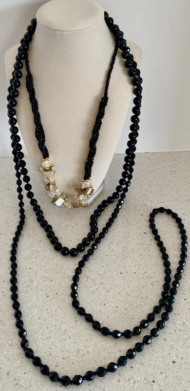 Lot of 3 Vintage Black Glass Necklace Beaded Stone Statement Lariat Bib Faceted