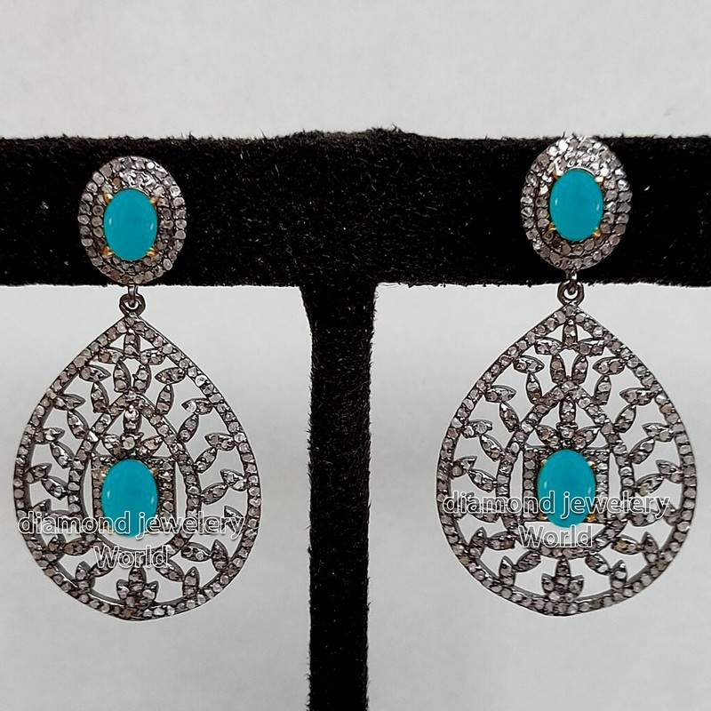 Vintage Style 3.01ctw Rose Cut Diamond Turquoise Silver Gorgeous Earring Jewelry