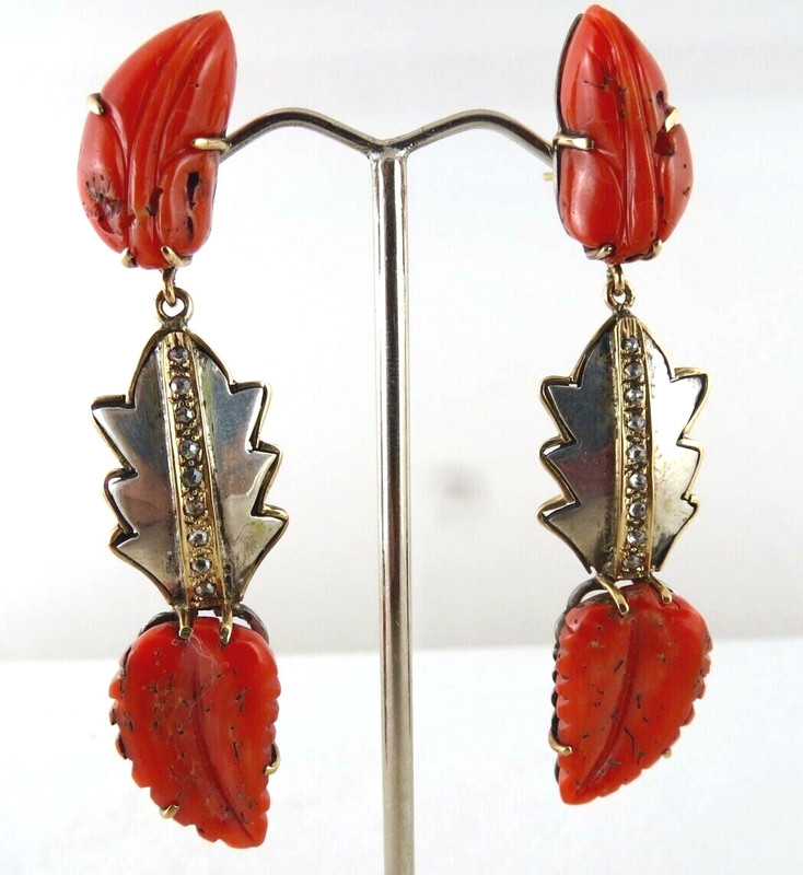 Natural Coral 19.50ct Sterling Silver Natural Diamond 18k Gold Earrings