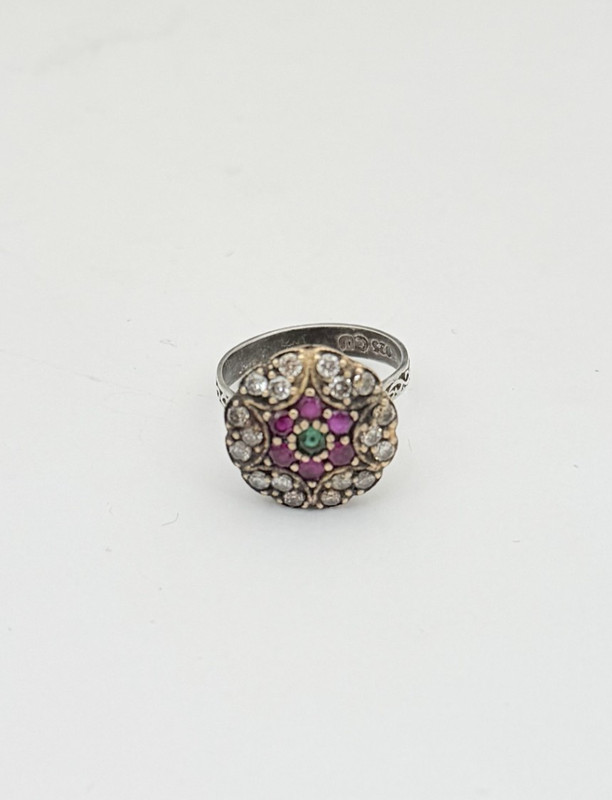 Estate Art Deco Style Ruby Red, Emerald Green, Diamond Cut Quartz Floral Ring gallery