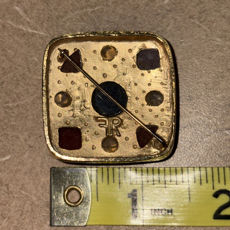 Elegant Vintage Square Pin With Black ~ Yellow ~ Brown Cabachon Stones ~ FR gallery