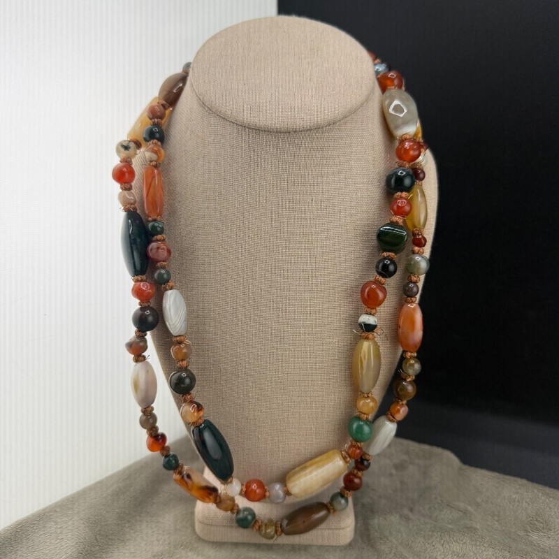 Vintage Beggars Bead Polished Stone Necklace 48”