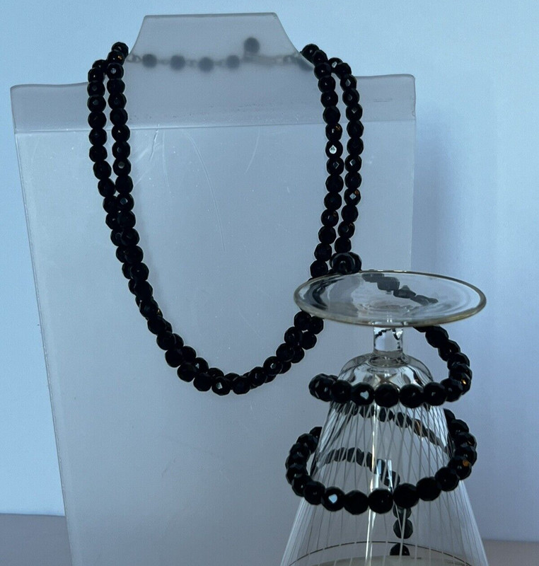 Vintage Black Round Faceted Beads Necklace Choker and Wrap-Around Bracelet Set gallery