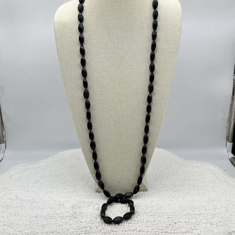 Vintage Black Plastic Necklace Heavy Beads Flapper Length So Good Tag 48″