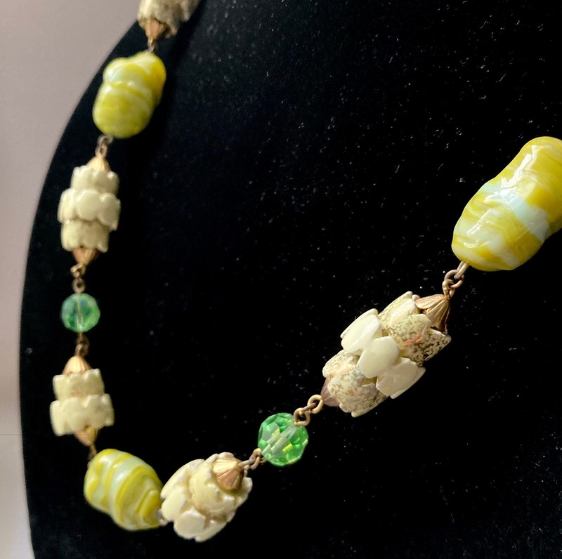 Vtg West Germany Chunky Green Swirl Art Glass AB Wired Bead Necklace