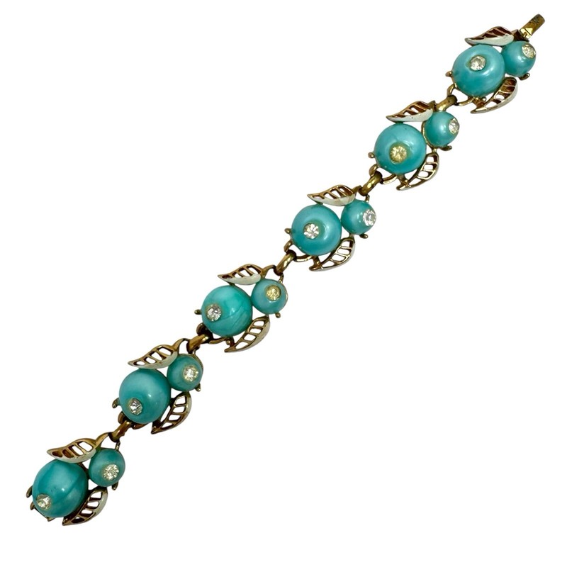 Vtg Gold Tone Turquoise Thermoset Bracelet Embedded Rhinestones Leaves gallery
