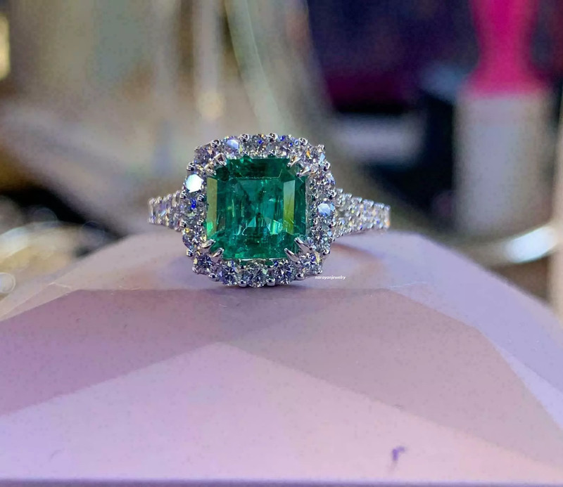 2Ct Emerald Simulated Green Emerald Halo Engagement Ring 14K White Gold Plated gallery