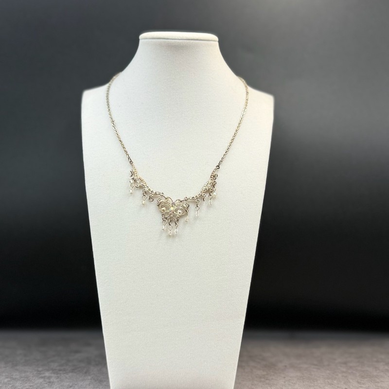 Vintage Style Silver Tone Rhinestone Filigree Dangle Choker Necklace Women’s