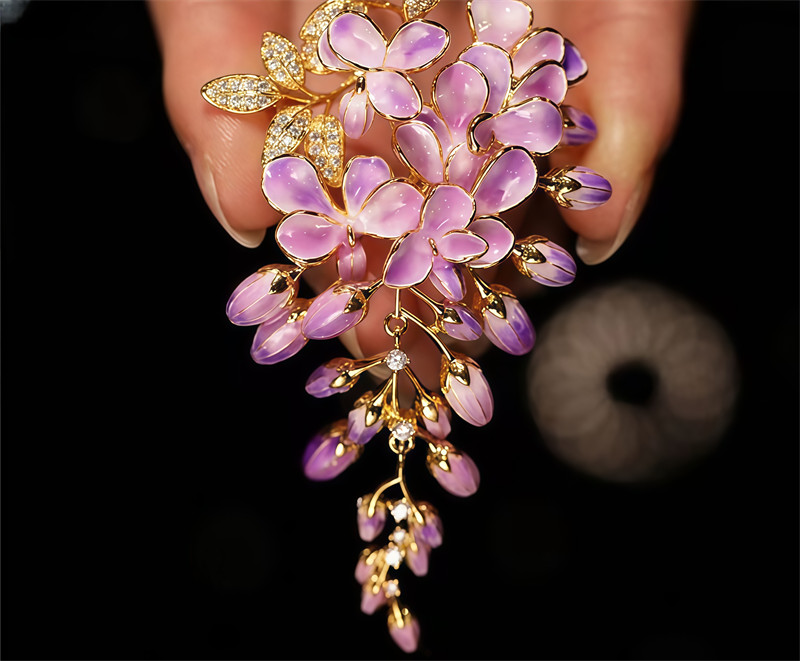 Enamel Color Design Purple Wisteria Flower Brooch, High Quality Flower Brooch gallery