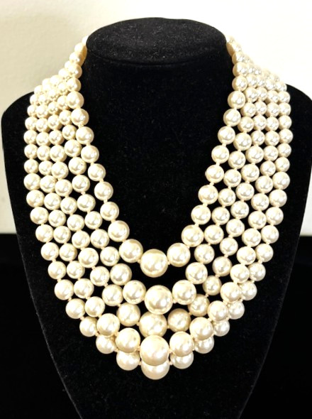 Vintage JAPAN Hand Knotted Graduated Faux PEARL 5 Strand Necklace 15″ L