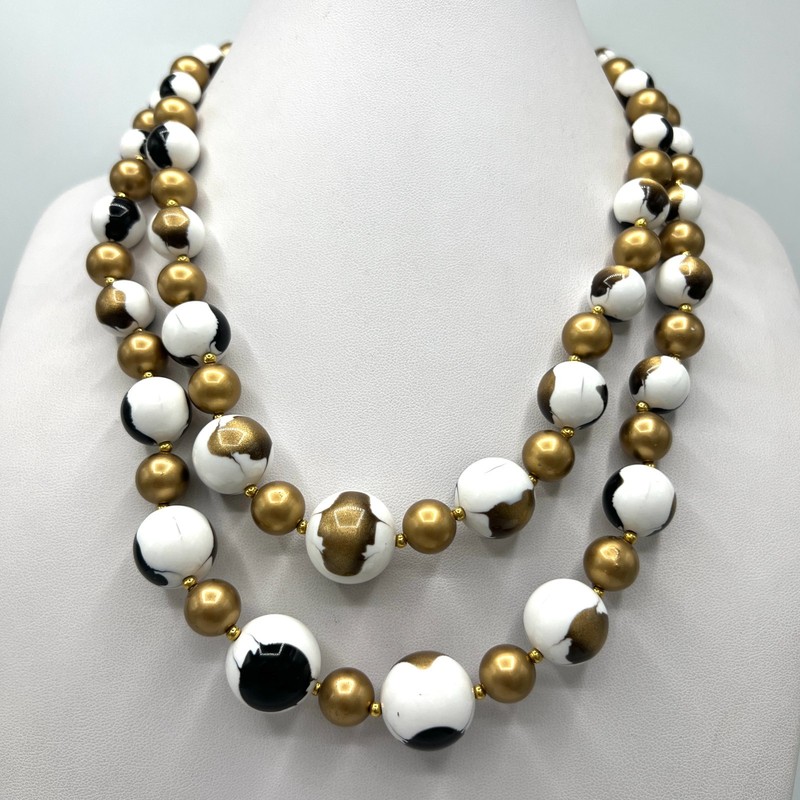 Vintage Black White Gold Beaded Necklace-Double Strand Statement Clasp Necklace