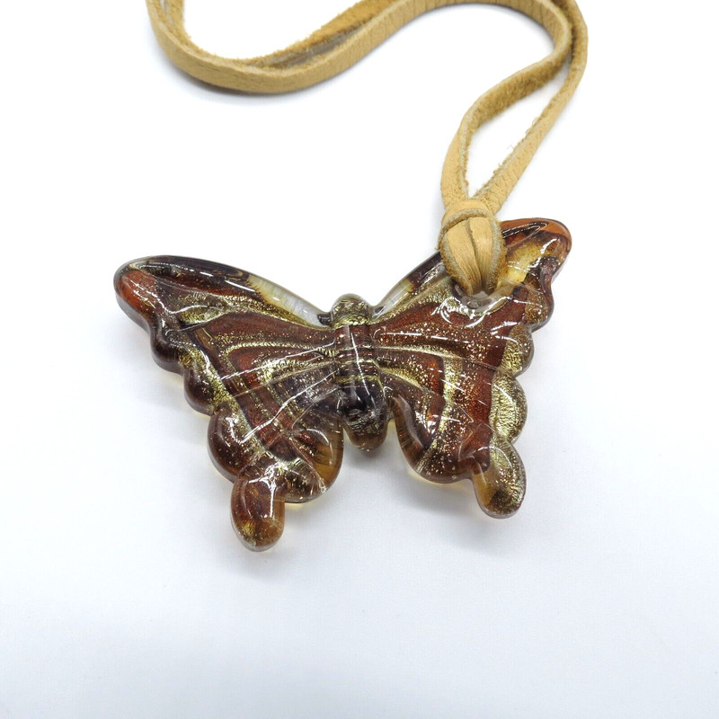 Art Glass Butterfly Pendant Necklace Brown Yellow Gold Foiled Glass 22″