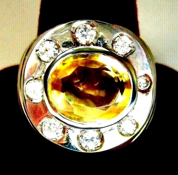 Art Deco 925 St. Silver Ring, With 4.85 Ct. 12×10 mm Citrine & CZ, Size V 1/2
