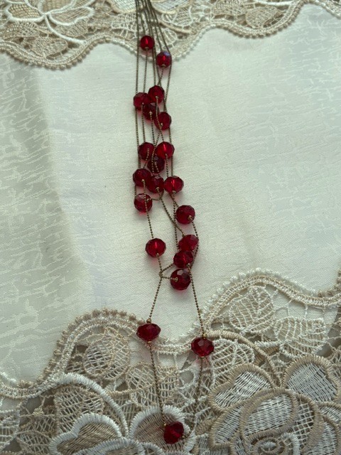 Vintage Triple Strand Red Crystal Necklace 32″ Faceted Crimson Beads w/ Extender