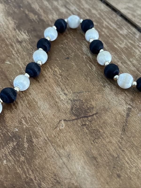 Vintage Satin Thread Bead Necklace Black White Silver Tone Spacers Long Strand gallery