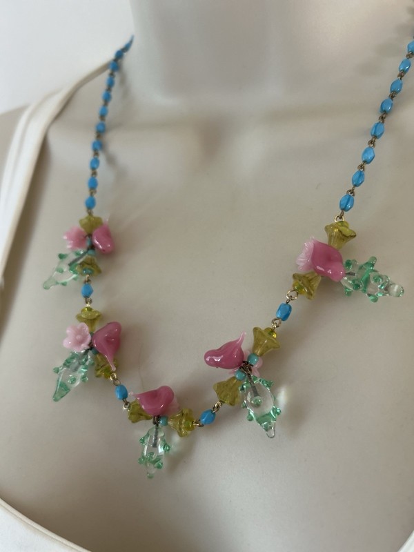Vintage Murano Glass Blue Bird Necklace Venetian And Czech Chain Lucy Isaacs 24”
