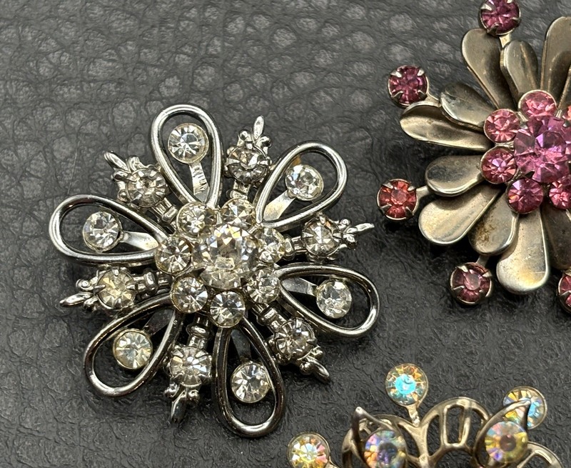 Vintage Rhinestone Brooch Lot Of 5 Floral Flower Bow Pin AB Aurora Borealis gallery