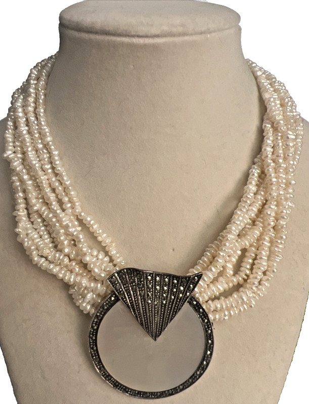 Vintage Sterling Silver Marcasite Multi Strand Freshwater Pearl Necklace