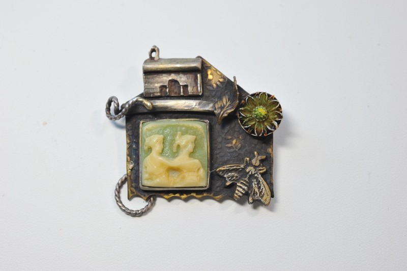 Vtg BROOCH Artisan signed unique flower bug bee cameo - interesting piece gallery