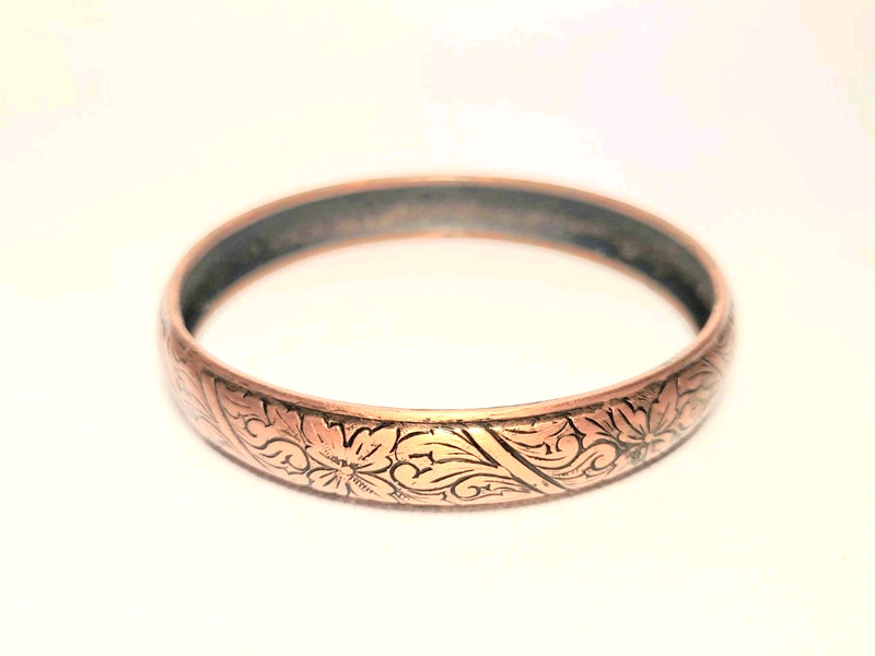 Vintage Solid Copper Etched Floral Bangle Bracelet 8" Circumference Boho Jewelry gallery