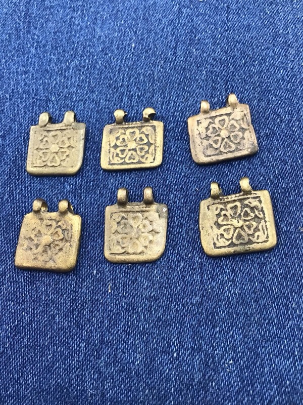 Vintage Afghani Tribal Brass Pendant Lot Authentic Square Floral Amulet 6pc 32g gallery