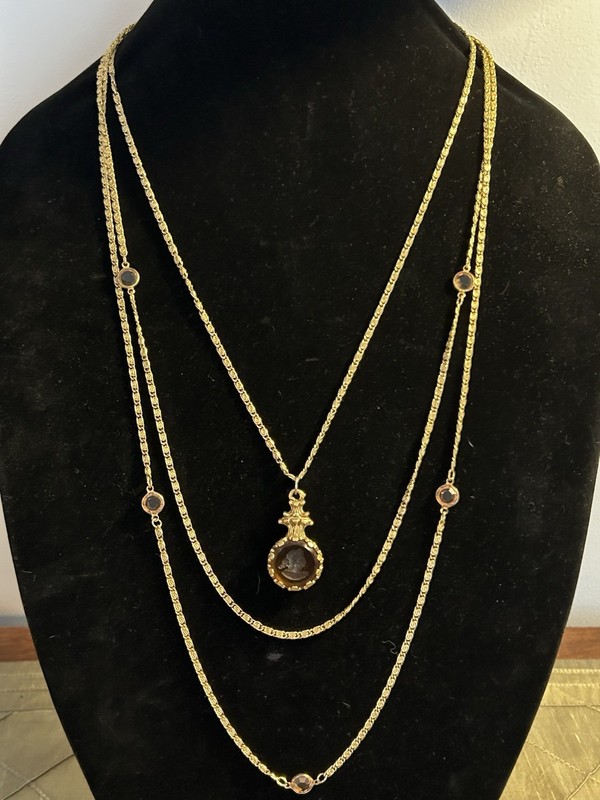 Vtg Goldette Necklace Gold Tone 3 Strand Glass Intaglio Cameo Victorian Revival gallery