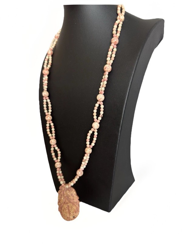 Vintage Jasper Carved Stone Figural Pendant & Continuous Bead Necklace 30" gallery