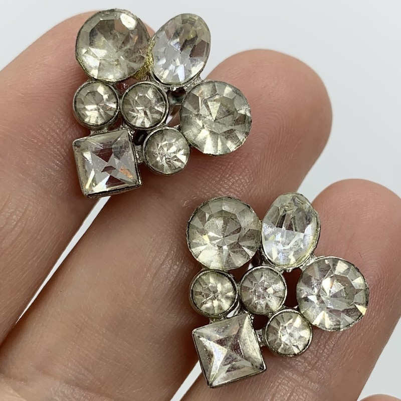 VTG EARRINGS ART DECO PAVE RHINESTONE FACETED CLEAR GLASS HUGGIE SCREW BACK gallery