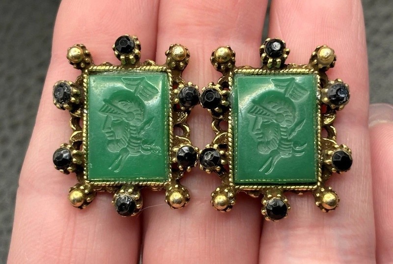 Vintage Gold Tone Green Jade Carved Intaglio Clip On Earrings Black Rhinestone