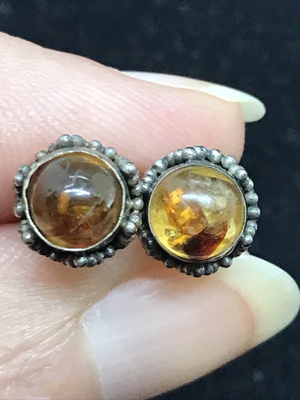 Vintage Sterling Silver 925 Amber Stones Pierced Round Shaped Earrings gallery