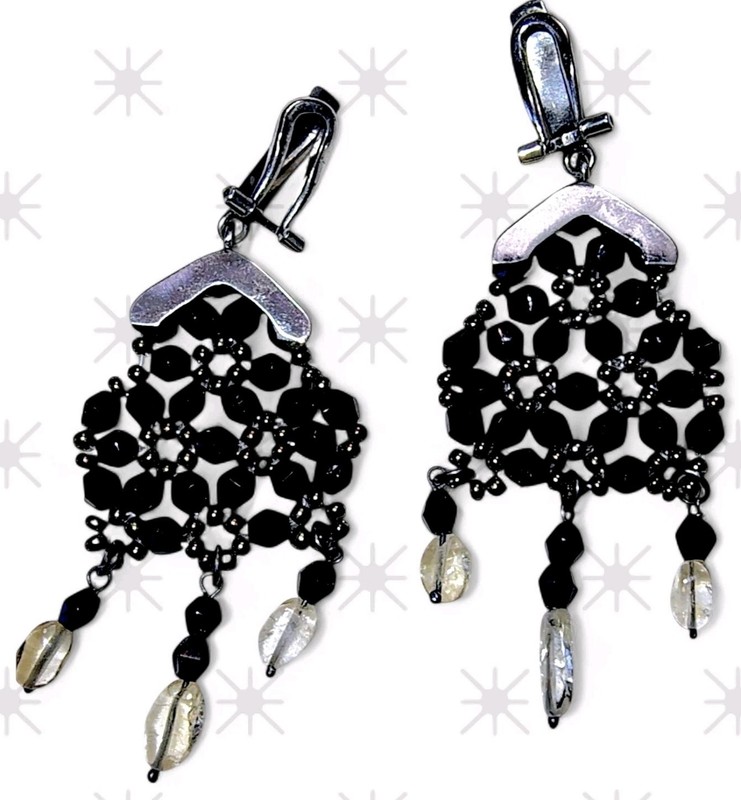 Antique French Victorian Chandelier Earrings Blk Bead & Rock Quartz Silver Clips gallery