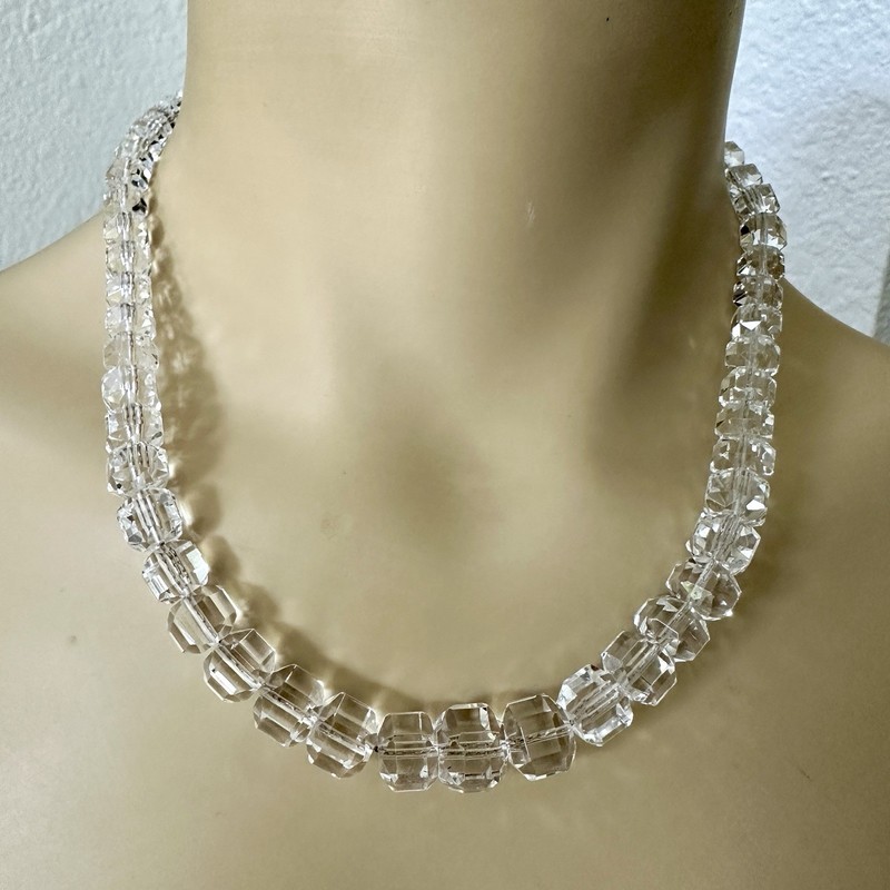 Vintage Deco Graduated Bead Necklace 17 Inch Faceted Clear Crystal 925 Sterling gallery
