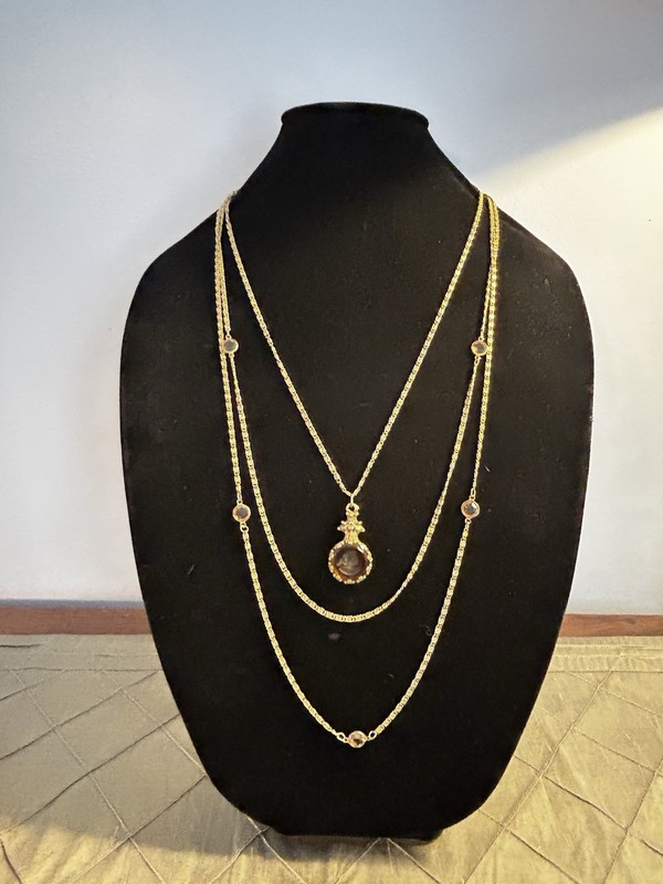 Vtg Goldette Necklace Gold Tone 3 Strand Glass Intaglio Cameo Victorian Revival
