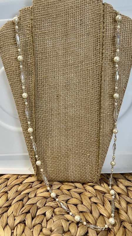 Monet Necklace Faux Pearl Glass Crystal Accents 32in Layering Victorian Revival