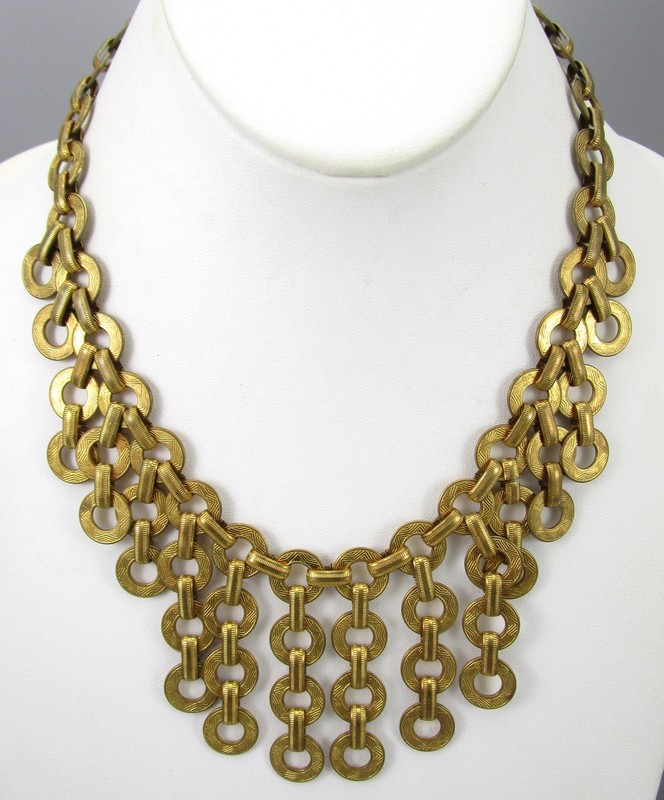 LOVELY VINTAGE 1930’S BRASS RING FRINGE BIB NECKLACE