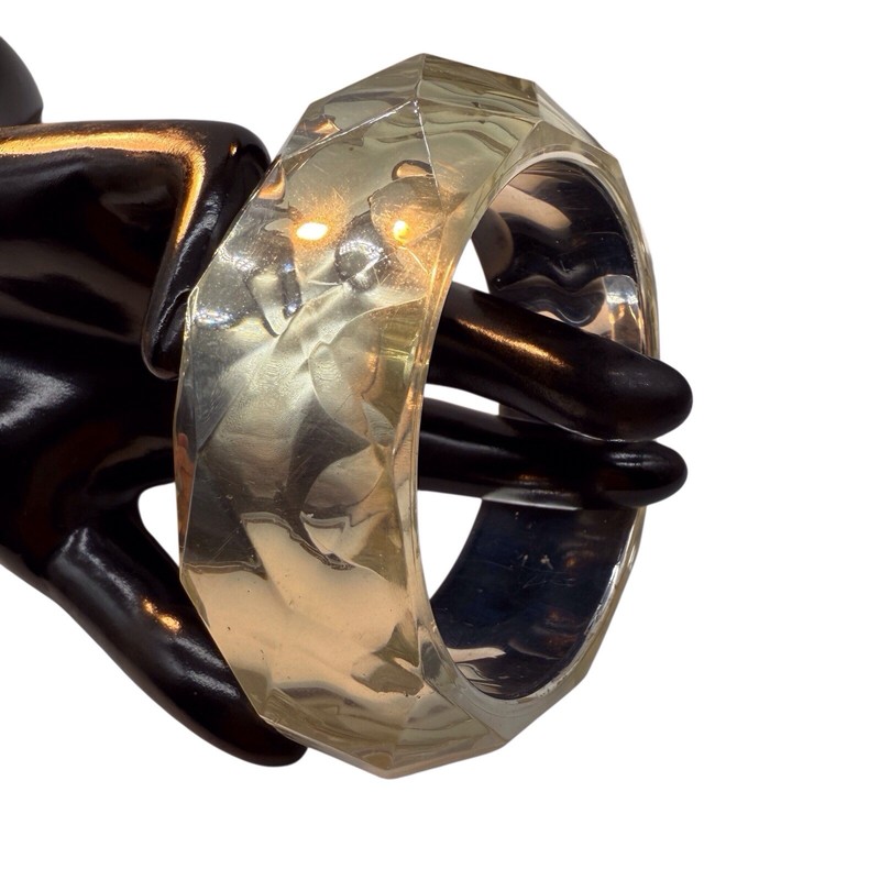 Vintage Faceted Acrylic Bangle Clear Crystal Look Silvered Larger Size Chunky WB gallery