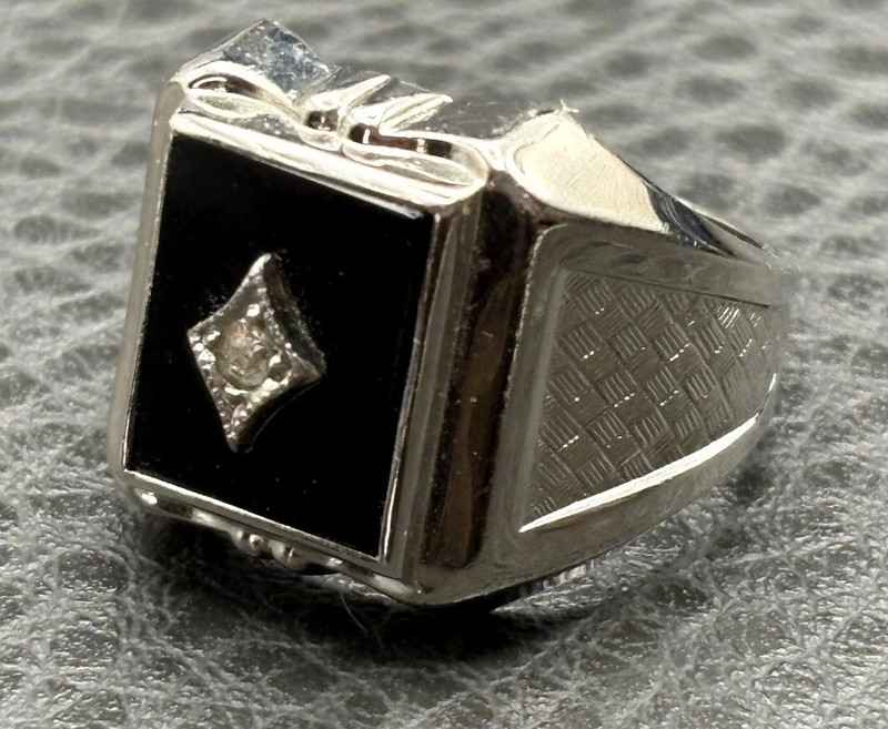 Vintage Vargas 18K HGE White Gold Plated Black Onyx Rhinestone Ring Size 8