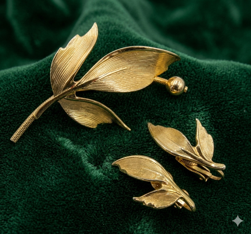 Vintage Gold Tone Leaf Brooch Clip Earring Set A10
