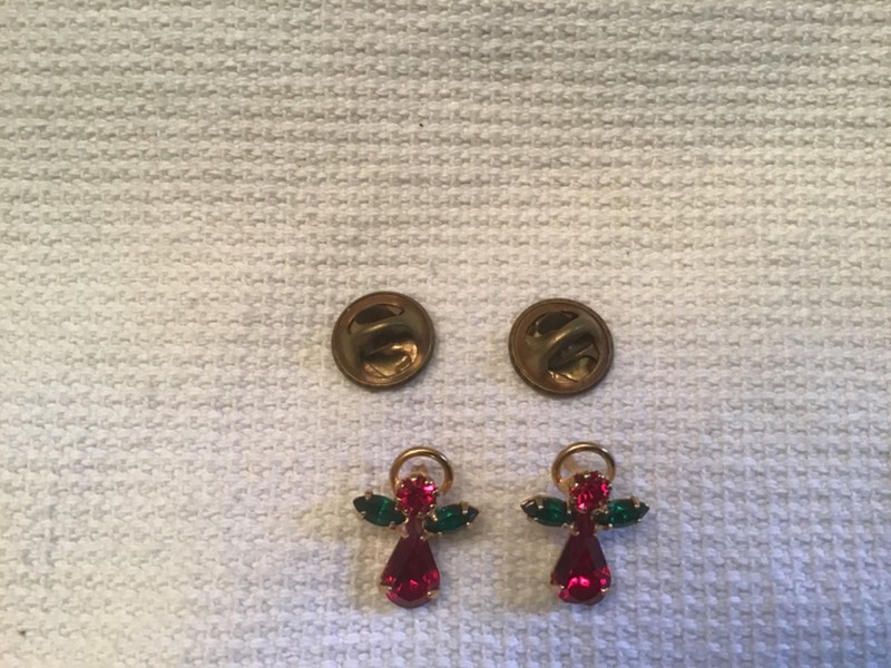2 Vtg Christmas Guardian Angel Gold-Tone Lapel Pins w Red and Green Rhinestones