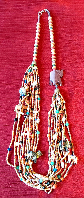 Vintage 70’s/80’s African Safari Wooden Beaded Multi Strand Necklace 33” Animals