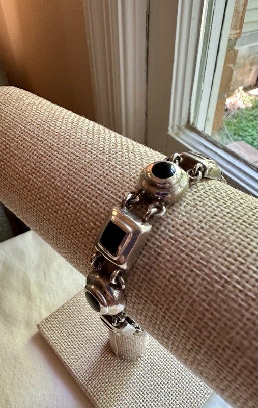 Vintage Taxco Mexico signed sterling silver black onyx bracelet