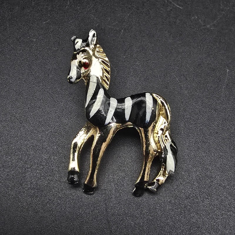 Zebra Horse Enamel Brooch Black White Gold Tone Vintage Safari Animal Jewelry