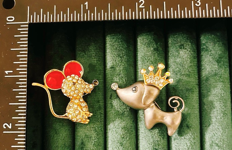 Cute Mouse & Crown Dog Brooch Set Rhinestone Enamel Gold Tone Animal Pins