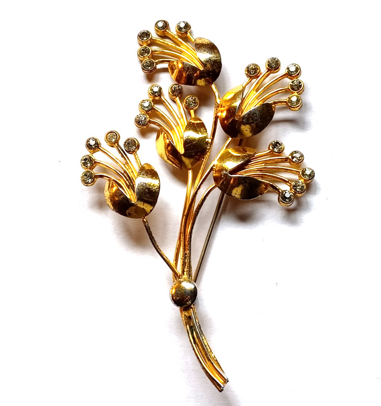 Vintage Large Signed Sterling Silver Vermeil & Rhinestone Flower Brooch