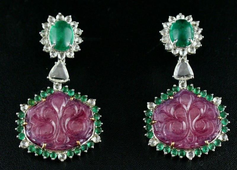 Certified Natural Emerald 169.45ct Ruby Carved Rose Cut Diamond 18k Gold Earring