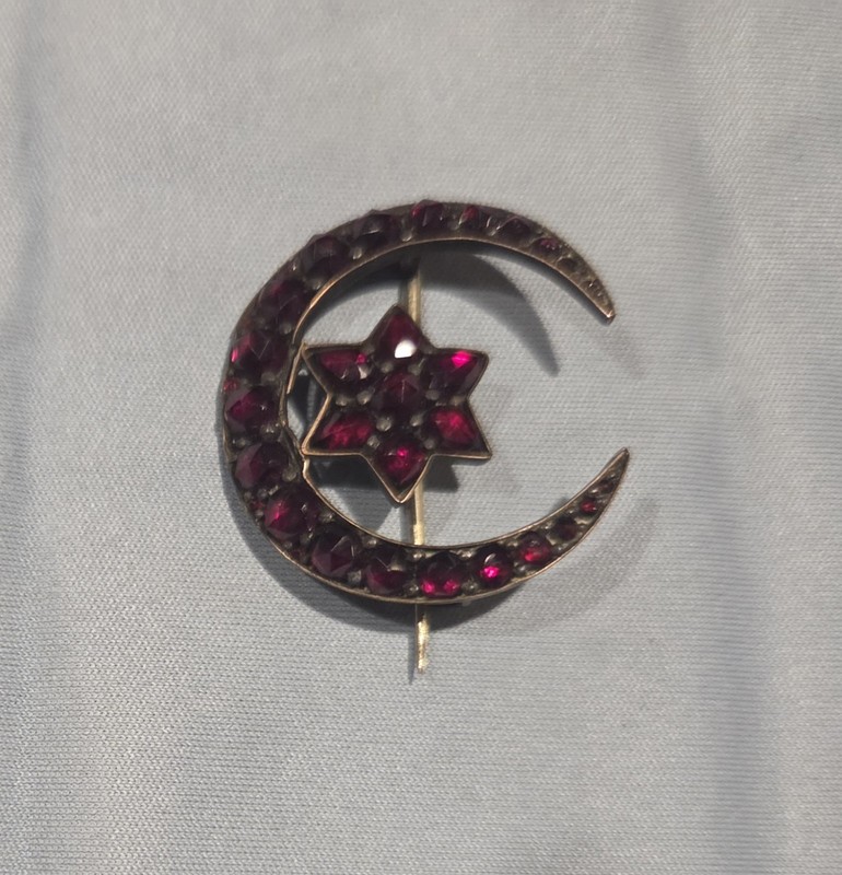 Authentic Antique Bohemian Garnet Brooch With Crescent Moon And Star Motif
