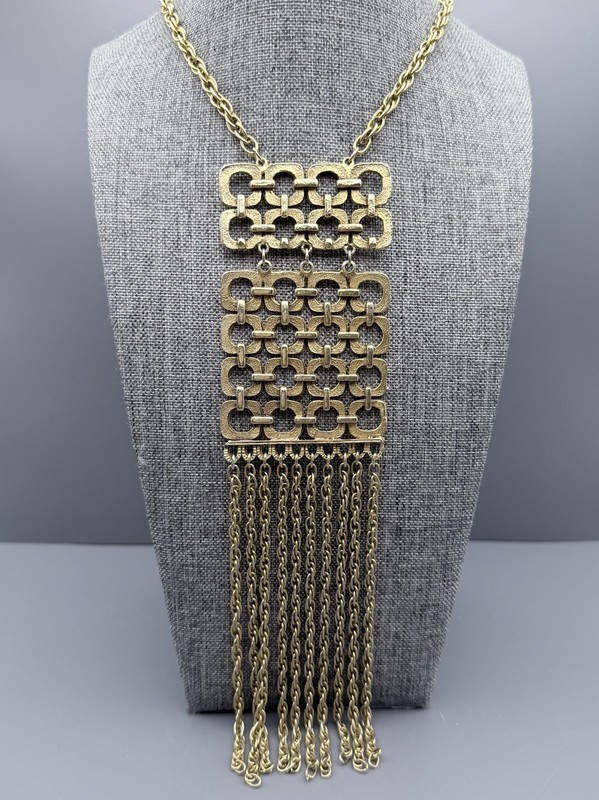 VTG 60s Gold Tone Tassel Chain Necklace Abstract Geometric Pendant Statement